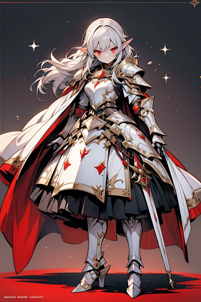 female elf knight, full body art, silver hair, white skin, red iris eye, knight full plate adorned armor, silver cape, perfectly detailed