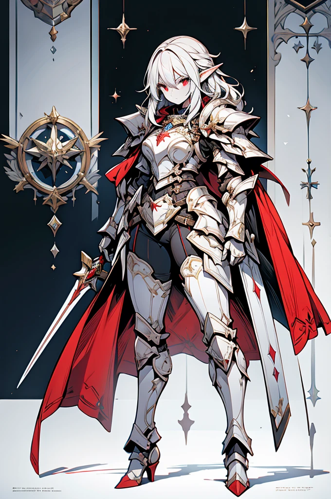 female elf knight, full body art, silver hair, white skin, red iris eye, knight full plate adorned armor, silver cape, perfectly detailed