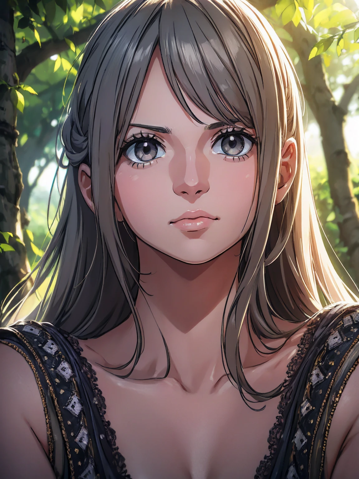 RAW photo, photography, photorealistic, 8k vibrant photograph of woman in nature, ultra detail, finely detailed, dramatic light, finely detailed beautiful eyes, detailed skin, depth of field, grey eyes