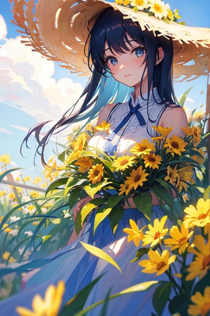 Multiple Exposure、Beautiful woman in straw hat、Flower Field、
