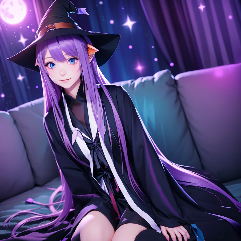 anime girl long purple hair wearing a black Robe. she has pointy ears. Witch Hat. Manga kawaii. iridescent ,An illustration, Sit on the sofa, (no background)