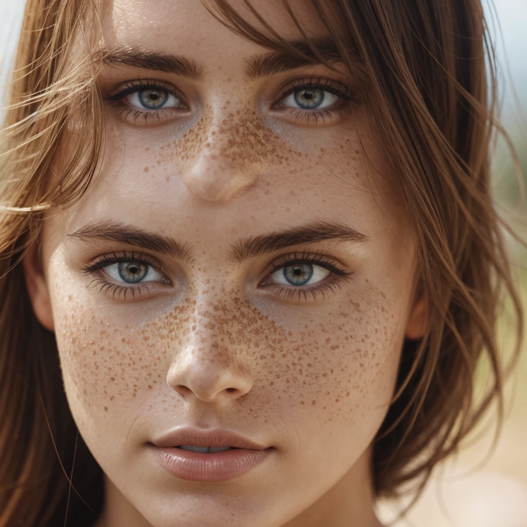 portrait of beautiful woman with freckles, hyperrealistic, close up shot