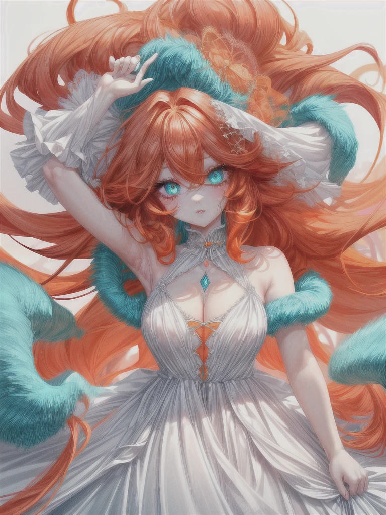 super verbose、highest quallity、vibrant colors、HD 4k、 a beautiful girl、beautiful fur、long curly orange hair、Messy hair、disordered hair、orange eyelashes、diamond eyes、turquoise eyes、Beautiful  eyes、detailed eyes、lips、bright and low-cut white dress、spectacular view、