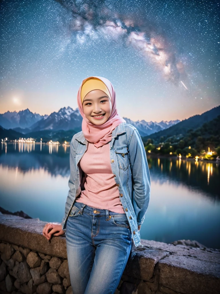 a Korean woman wearing a hijab, yellow knitted shirt, blue jeans, smiling sweetly with a happy expression on a very starry night. Big pink moon behind the mountains. The calm lake reflects the night. realistic scene, detail, Photorealism, 8k