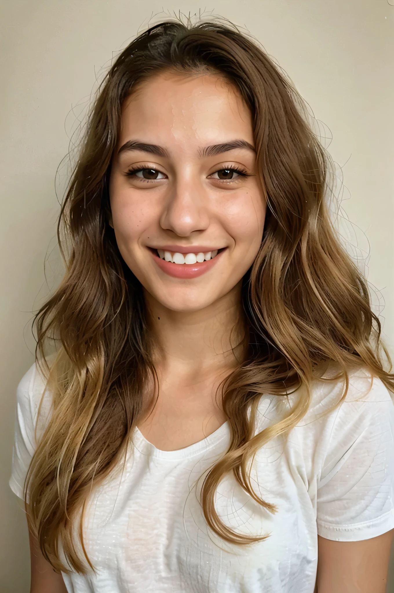 20YO, small nose, one women,attractive, Jordanian, Arab, Bright Yellow shirt, cute smile, cute face, white teethes, skinny face, light brown eyes, black/blonde long hair, modest