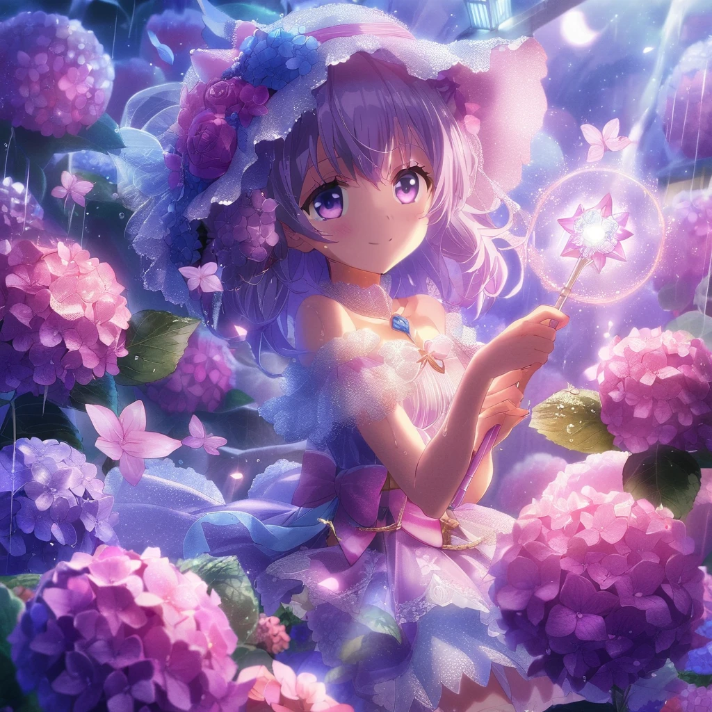 1girl, smile, anime screencap, flat color, The hydrangea petals are wet with rain, shining more vividly. Standing among them is a magical girl. Her dress blends with the color of the hydrangeas, as if she were a flower herself. When she swings her wand, the surrounding hydrangeas emit light all at once. The light swirls around her, enveloping the surroundings with magical power. Her eyes are a deep purple like the hydrangeas, and they harbor a strong will and kindness.