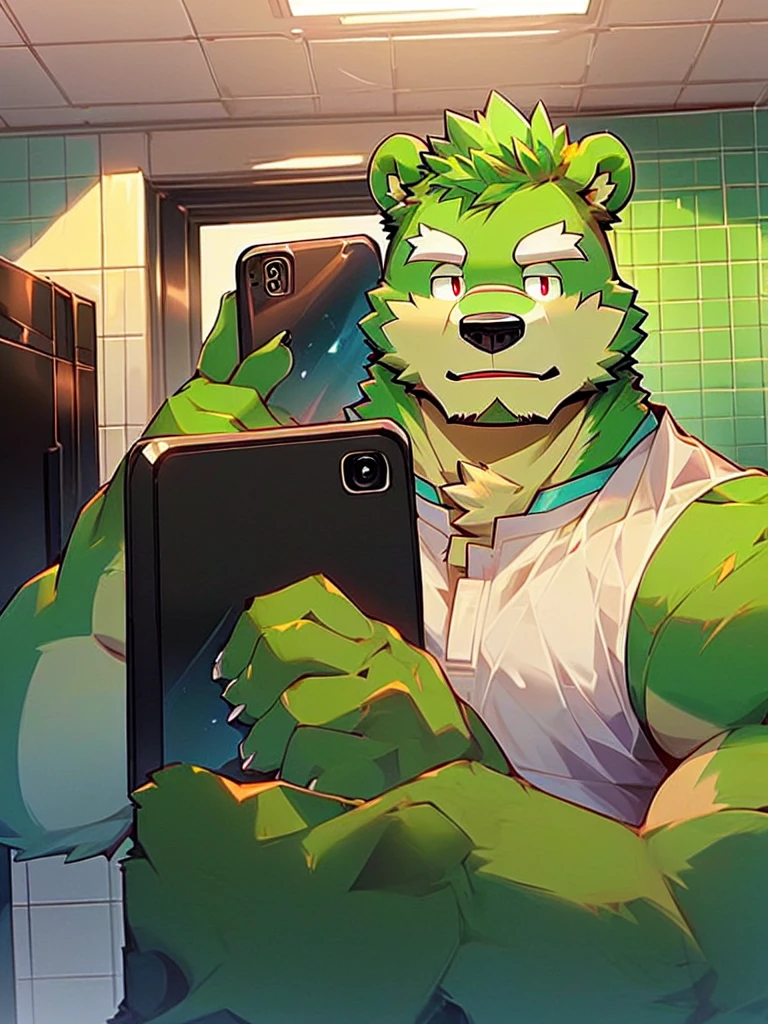 masterpiece, high quality, anime, detailed eyes, male jinpei, anthro, bear, Great physique, strong arms manly, Casual suit, (((green bear))), (((green fur))), green hair, beard, white eyebrows, bald, detailed red eyes, tall, Joyful, arafed man taking a selfie in a bathroom mirror with his cell phone, profile picture 1024px,  8k selfie photograph,