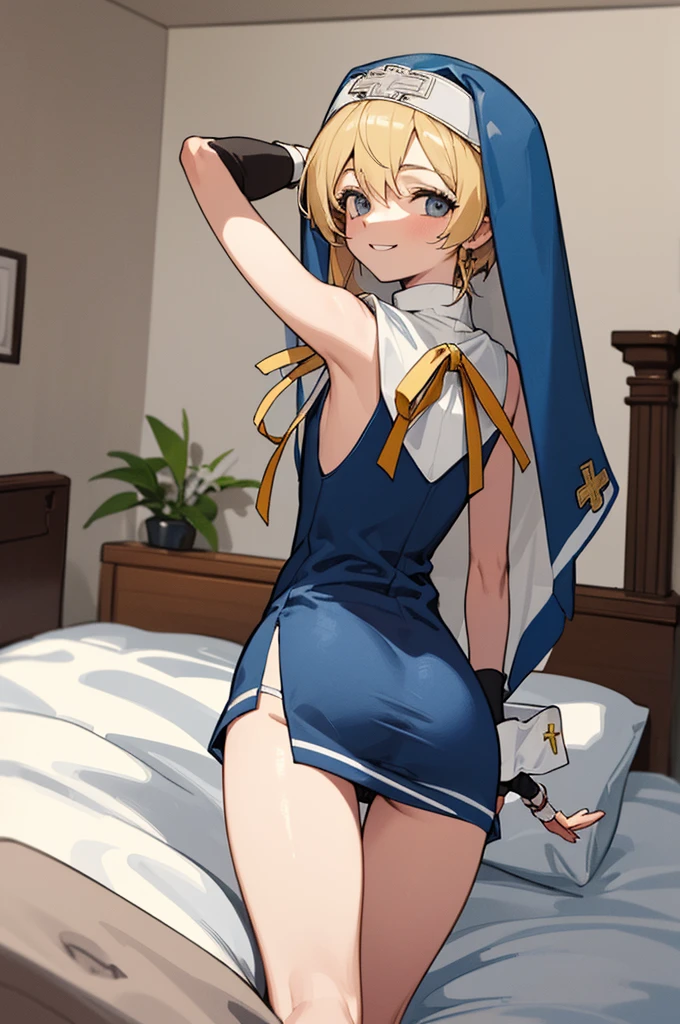 (masterpiece, best quality:1.2), cowboy shot, solo, male focus, 1boy, ggbridget, smile, looking at viewer, ,from back, habit, nun, (fingerless gloves:1.1), cuffs ,indoor,thigh gap, lie down in bed with both arms extended above the head and placed behind the pillow, whole body