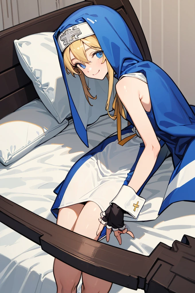 (masterpiece, best quality:1.2), cowboy shot, solo, male focus, 1boy, ggbridget, smile, looking at viewer, ,from back, habit, nun, (fingerless gloves:1.1), cuffs ,indoor,thigh gap, lie down in bed with both arms extended above the head and placed behind the pillow, whole body