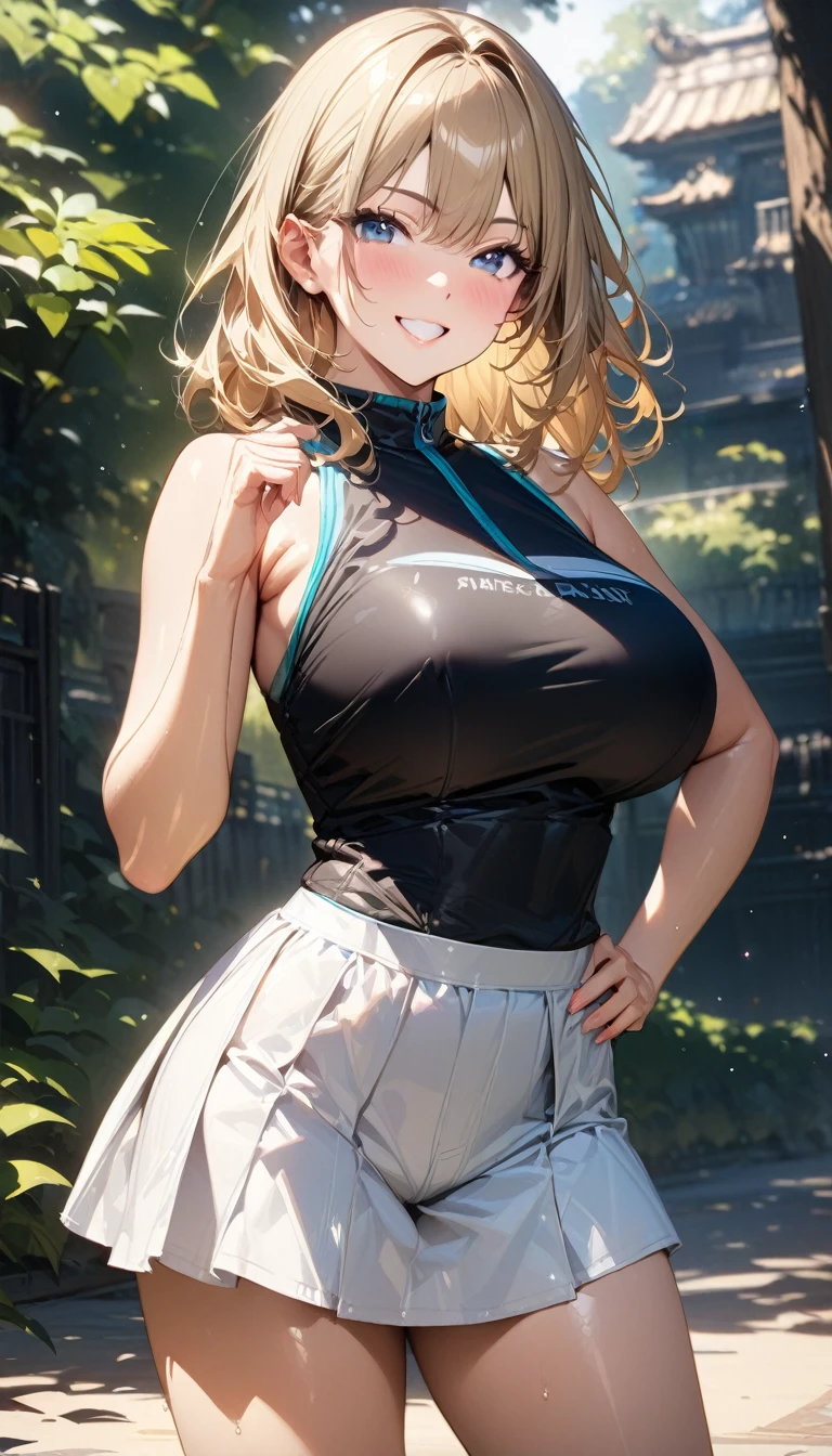 (masterpiece),(Highest quality),(Very detailed),(Best illustrations),(Best Shadow),Natural Light,(Detailed Background),(so beautiful)(masterpiece),(Highest quality),(Very detailed),(Best illustrations),(Best Shadow),(Detailed Background),(so beautiful), masterpiece, Highest quality, High resolution,,(masterpiece1.5),super high quality, Super detailed,Perfect drawing,girl,独奏,Big Breasts,grin,smile,Tennis Player,(Tennis Wear),Blonde,Lady,Standing,hand on hip,(Top Gravure Model),Super cute,(Highest quality,High resolution,masterpiece:1.2),Super detailed,Vibrant colors,View here,Beautiful woman、Beautiful shiny skin,、((Clear Face))、High Resolution,Vibrant colors、完璧な美しいgirl