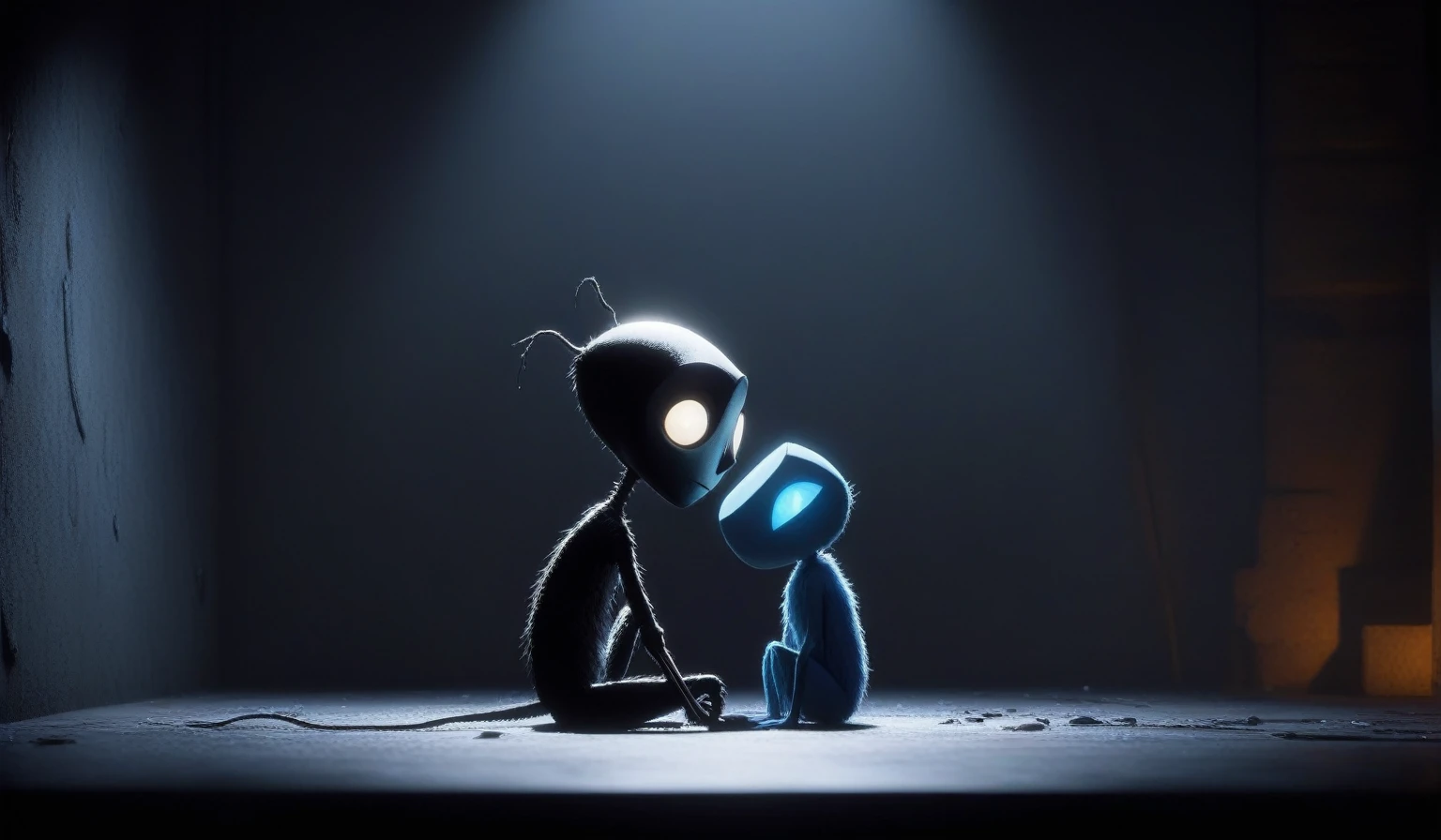 Create a simple and elegant“Love, Death, and Robots" logo, shedding niobium tears. The design should convey a strong sense of sadness and melancholy, using a minimalist approach with clear lines and using only high contrast deeply matte black, nicola samori,ben templsmith,Irina Yermolova,,pixar movie still, pixar movie screenshot, frame from pixar movie, animated movie still, still from the pixar movie, still from a pixar movie, disney pixar movie still, pixar movie scene, still from pixar movie, still from a 2001 pixar movie, pixar render, animated film still