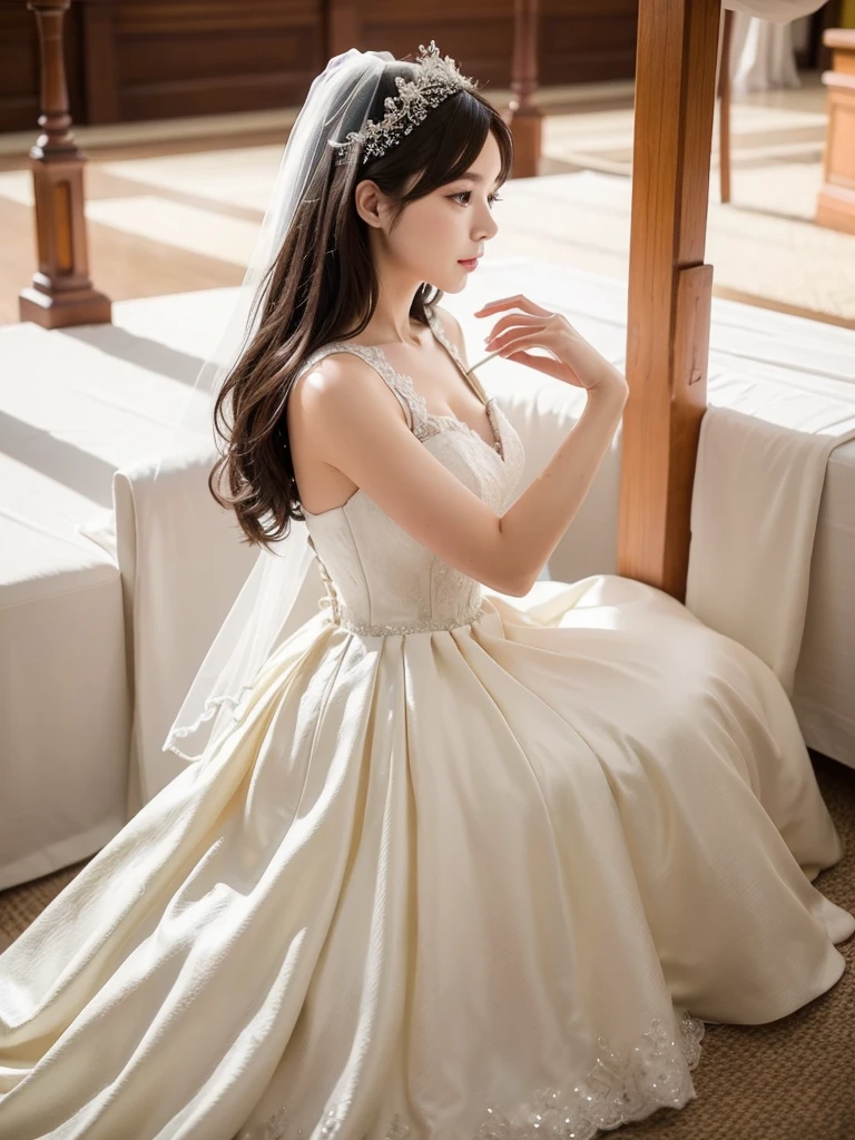 Wedding dress、White Church、(Highest quality)), (Very detailed), ((Very detailed)), 4K, (8K), Highest quality, One person,Kind Face、Soft Light、RAW quality、Heel