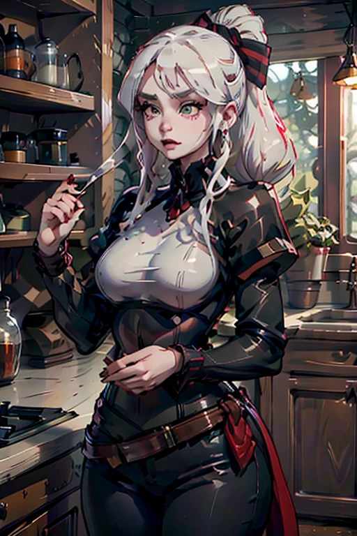 A young white haired woman with green eyes and an hourglass figure in a leather jacket and jeans is making a potion in the kitchen