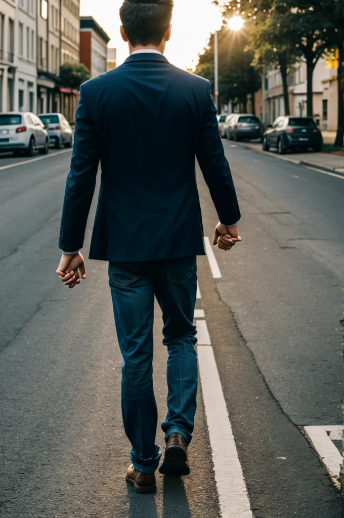 A man holding hands with a on his back walking