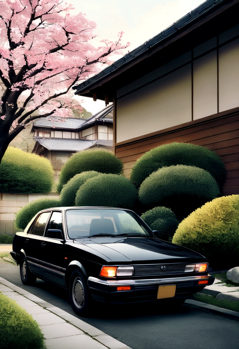 Toyota Corolla 1990 parked in front of a modern house with spring landscape and Japanese trees