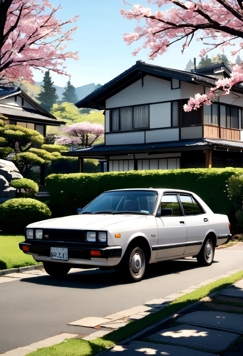 Toyota Corolla 1990 parked in front of a modern house with spring landscape and Japanese trees