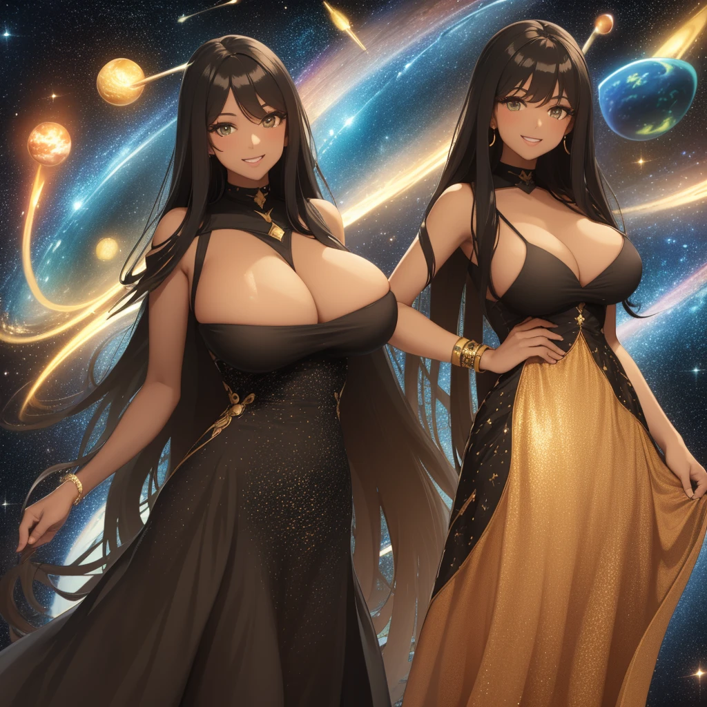 Woman with very long wavy big and black hair tan skin wearing a beautiful glitter dress and smiling up. Little, surrounded by outerspace, planets, and galaxies