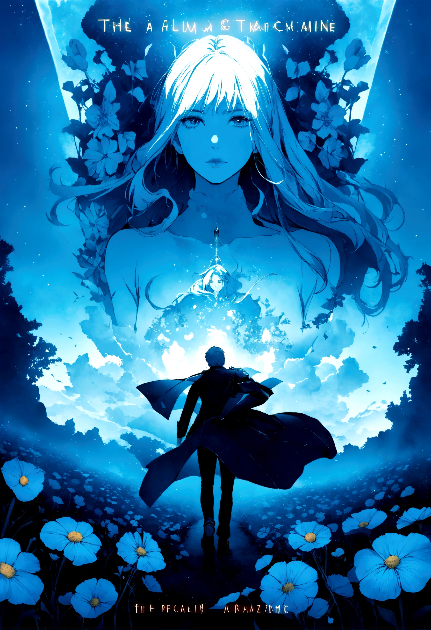 there is a poster of a man and a woman walking through a field of flowers from far angle , . digital art, by Marshall Arisman, cover illustration, , book cover illustration, by Brigette Barrager, album cover, novel cover art for a book, art concept for a book cover, cover art, official fanart, romance book cover style, by Ayami Kojima, mazarineee, album art, album cover!, aquamarine, the album is called tripmachine, detailed fanart, detailed photo of an album cover, blue theme