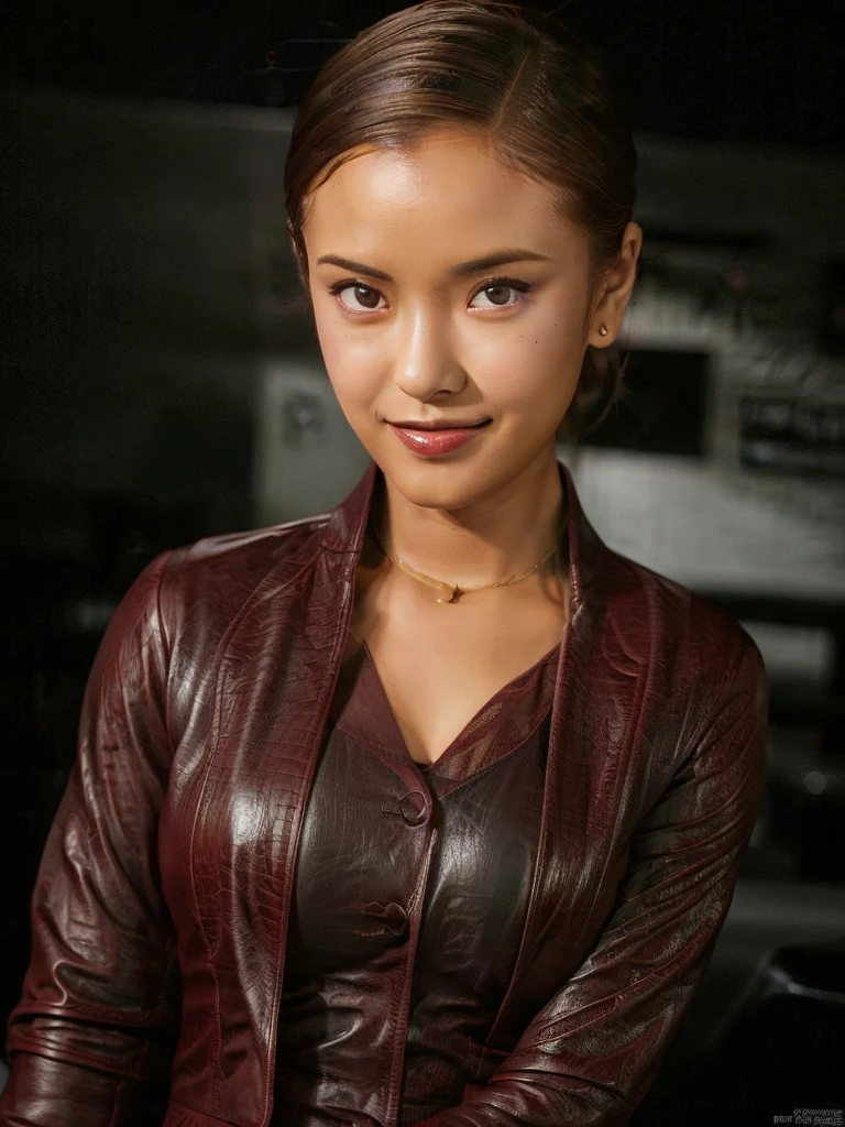 best quality, realistic, black background, KristannaTX, (a female Indonesian supermodel), (spread arms:1.0), (wine red leather jacket) (buttoned jacket:1.1), seductive smile, (dark hair), (updo:1.0), perfect eyes, sharp details, detailed face, (face makeup), (cheeks blush), (eyeliner), (eyeshadows), (lip gloss:1.0), cleavage, d cups breasts, (dark), (shadows), (macro photography:1.1)