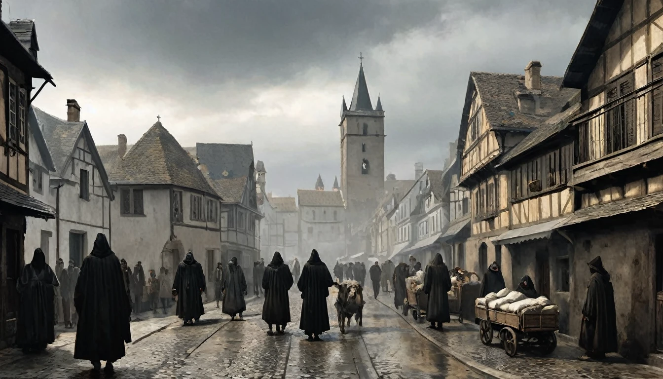 14th century, medieval city during the Black Death. The scene shows a medieval city with narrow streets and wooden and stone buildings. The atmosphere is gloomy and desolate, with few inhabitants visible. Some citizens, covered in dark robes and peaked masks, are tending to the sick and carrying them on wooden carts. In the streets, you see bodies wrapped in sheets, waiting to be buried. The houses have closed windows and doors marked with crosses to indicate the presence of the disease. The sky is gray and cloudy, reflecting the sadness and fear that permeates the city. The atmosphere is oppressive, capturing the desperation and devastating impact of the Black Death on daily life at the time., Hyperrealism, UHD, retina, masterpiece, accurate, anatomically correct, textured skin, super detail, award winning, 8k