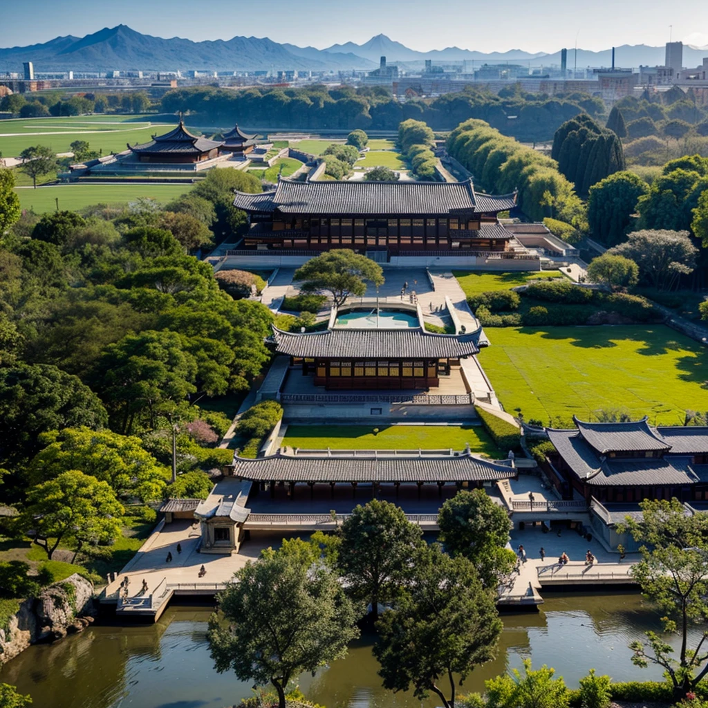 Panoramic view of the imperial palace, gorgeous oriental palace, multiple pavilions