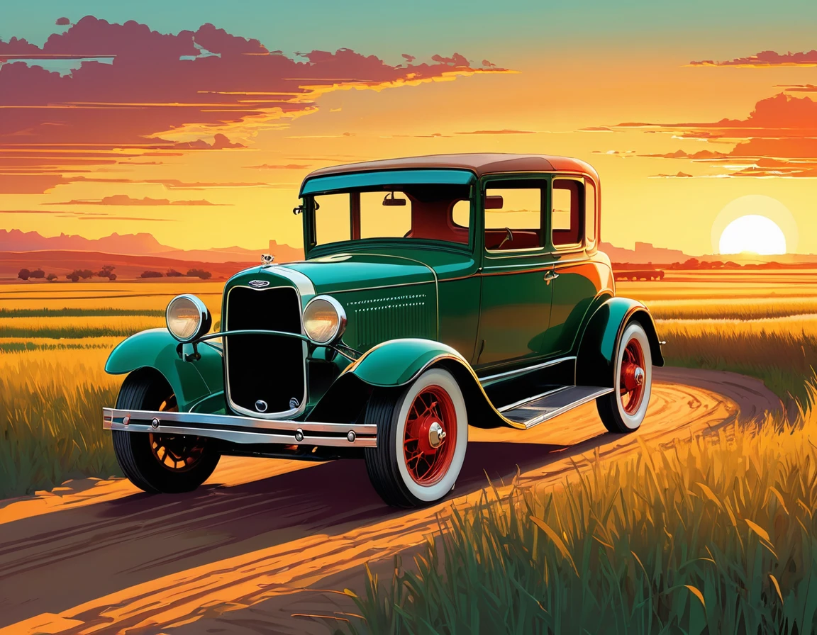 stylized digital art featuring a red Ford T jalopy parked by a dusty dirt road through a field during sunset. The sky is painted in warm shades of orange, yellow and red, with the sun low on the horizon. The jalopy is portrayed from the corner, with its shiny red bodywork. Its wheels are classic, with a white stripe, rubberized tire and shiny metal rim that reflects the light of the setting sun. The jalopy's headlights are on. The field is filled with tall grass that sways in the wind. The grass is represented in shades of green and brown, with some lighter areas, which could be an artistic choice to emphasize the intensity of the scene. The overall art style is reminiscent of comic book art, with bold lines and a limited color palette that enhance the dramatic effect of the scene. Art by Dechko Uzunov, highly detailed vector art, vintage art style, comic book art, digital Ford T, Martin Ansin, by Evan Charlton, sunset!, by Eddie Mendoza, sunset illustration sun, featured art, digital colorful illustration, (masterpiece), best quality