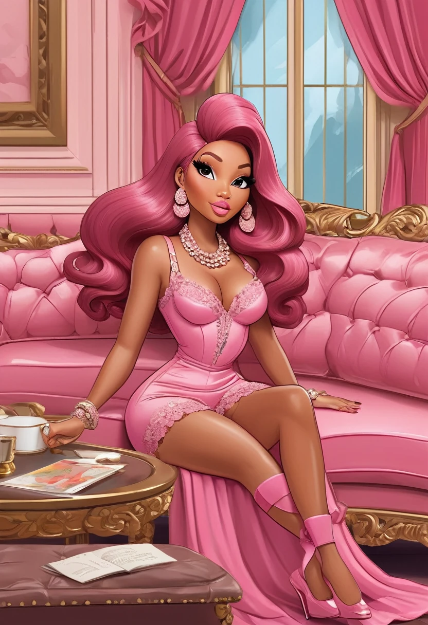 Singer Nicki Minaj brown hair color in pink lingerie on the sofa in the luxury house Painting vector art, cartoon with details.