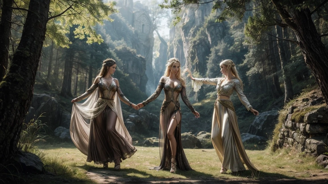 Three beautyful female fantasy characters, hey have to wear sheer erotic clothes, That are transparent, medieval and timeless, two blonde and one brunette sorceress dancing in front of the camera, a huge Landscape with Grass and Rocks, Fantasy artwork. Detailed Forest background. magic Sunlight, Dynamic action scene. Mystical Dance, Quality Quantity, skin texture, intricate details, RAW, 8K, Huge Fantasy Environment