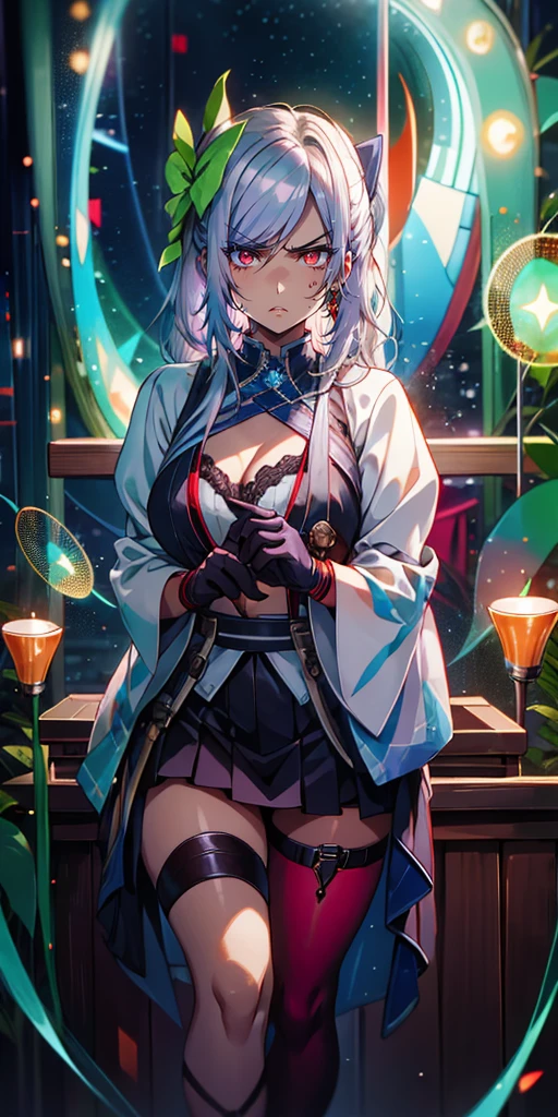 (silver hair:1.3), long hair, ribbon, twintail, red eyes, 1girl, gloves, breasts, black_gloves, thigh_strap, cleavage, bra, solo, skirt, underwear, looking_at_viewer, (bokeh:1.3), long_skirt, hollow eyes, red eyes, looking at viewer. glowing eyes, (heavy breathing:1.2), (annoyed:1.2), parted lips,