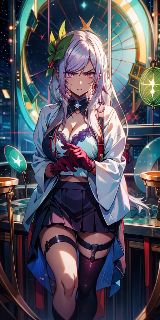 (silver hair:1.3), long hair, ribbon, twintail, red eyes, 1girl, gloves, breasts, black_gloves, thigh_strap, cleavage, bra, solo, skirt, underwear, looking_at_viewer, (bokeh:1.3), long_skirt, hollow eyes, red eyes, looking at viewer. glowing eyes, (heavy breathing:1.2), (annoyed:1.2), parted lips,