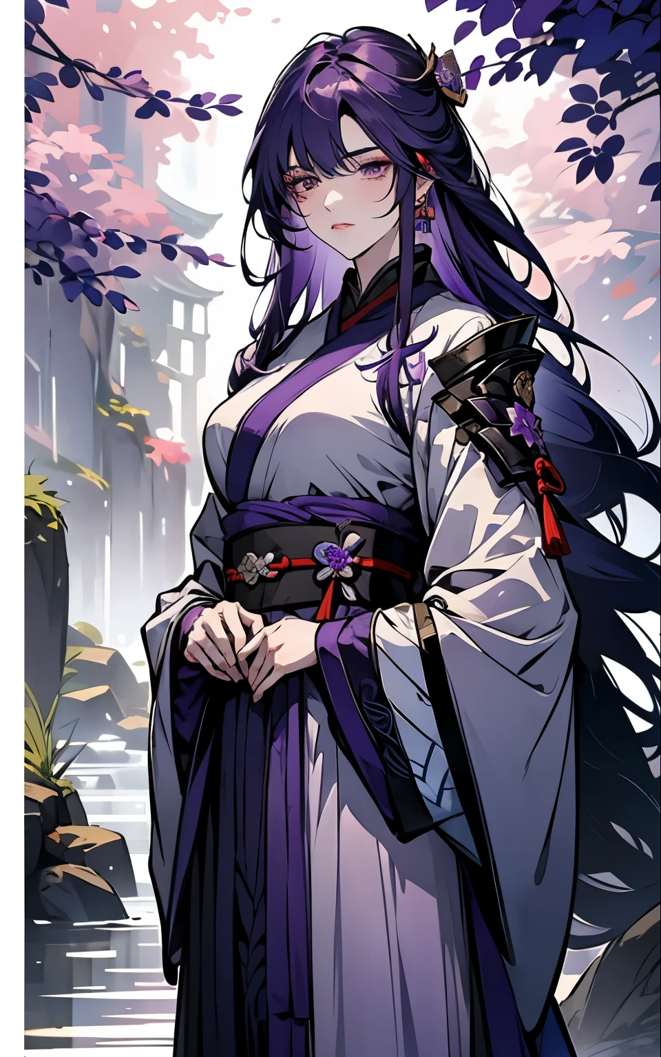 1 women, Raiden Shogun - genshin impact, long purple hair, violet eyes, violet chinese clothes, ultra long skirt, portrait, stands under a tree