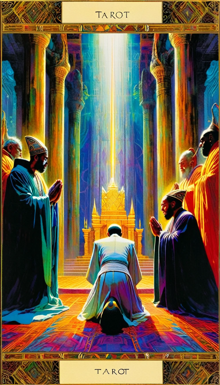 ((tarot card)) ((card frame)) , the high priest,men pray kneeling before the priest in a great temple, artwork artwork by Bill Sienkiewicz, vivid colors, intricate details, oil.