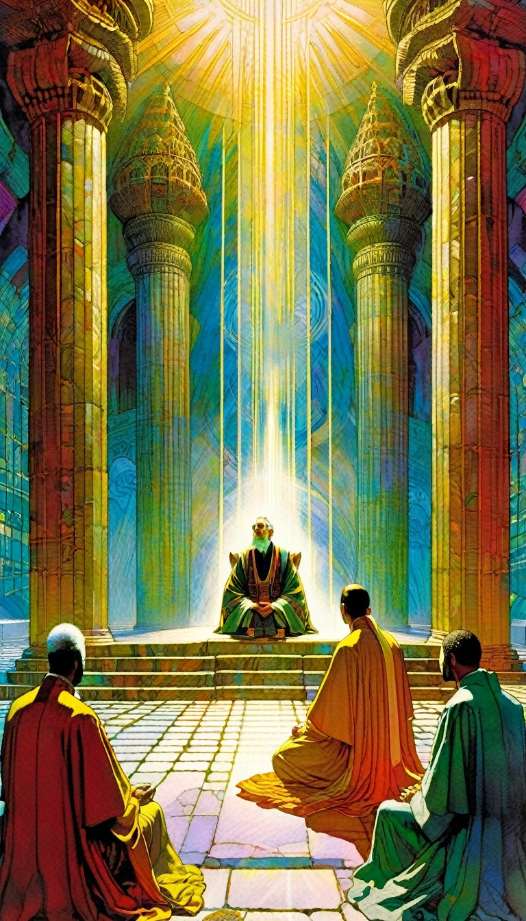 ((tarot card)) ((card frame)) , the high priest,men pray kneeling before the priest in a great temple, artwork artwork by Bill Sienkiewicz, vivid colors, intricate details, oil.