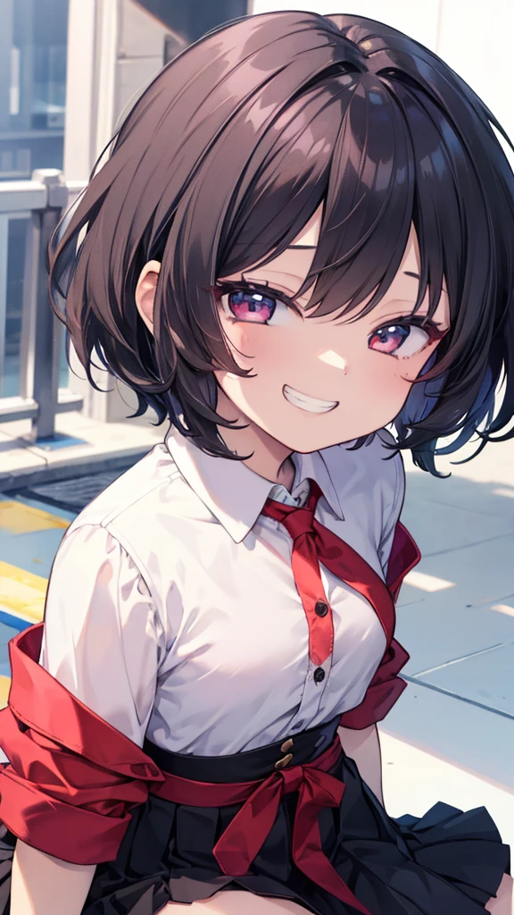(8K、Highest quality、Highest quality、masterpiece)、Detailed face、One Girl、 Black Hair、short hair、Look down on me、Wicked Smile、((Grin))、((shirt))、((skirt))、