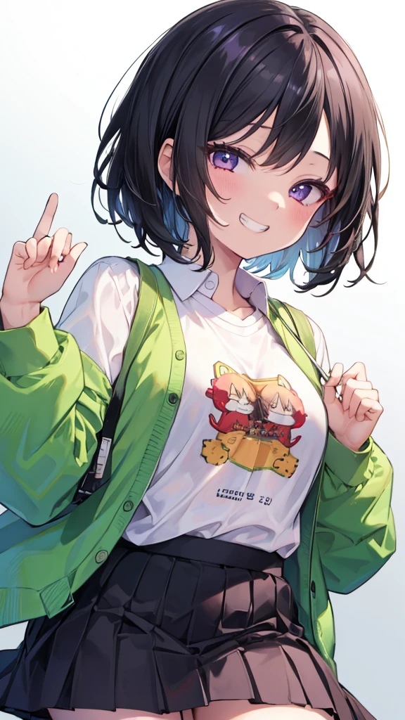 (8K、Highest quality、Highest quality、masterpiece)、Detailed face、One Girl、 Black Hair、short hair、Look down on me、Wicked Smile、((Grin))、((shirt))、((skirt))、