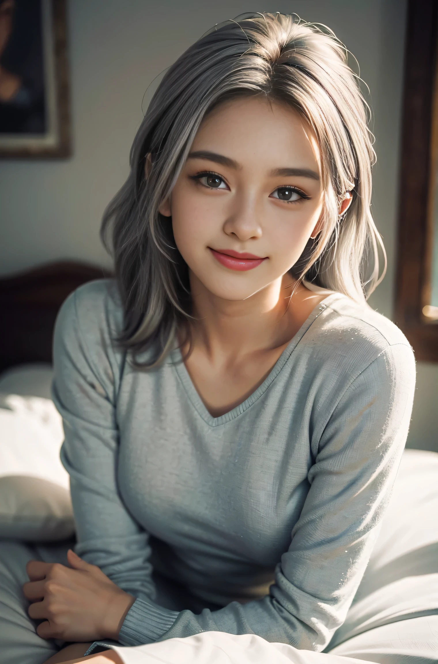 (1girl, 18 year olds),medium breasts, light grey hair, smiling, realistic photo, well-proportioned body, on a bed in a supine position, with thick pubic hair, legs spread open) (best quality, high-res, ultra-detailed), (vivid colors, natural lighting), (portrait, realistic painting), (soft, warm tones)