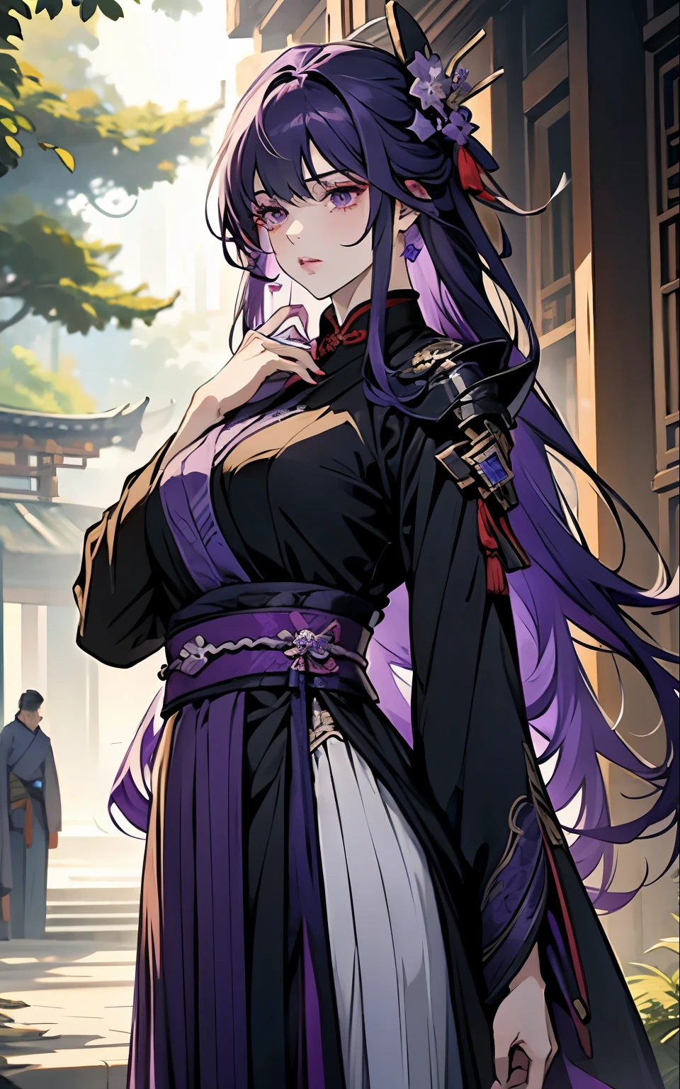 1 women, Raiden Shogun - genshin impact, long purple hair, violet eyes, violet chinese clothes, ultra long skirt, portrait, stands under a tree