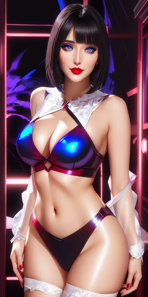 Ultra-realistic movie master pie with ultra-detailed primetime portraits, high quality, 8K, table top, Ultra HD), 1 girl 25 years old、fashion supermodel, ((Random style and color hair)), masterpiece, high quality, high quality, High resolution、black_mascara put in Long eyelashes:1.5, dark (eyesshadows:1.35), (Glossy) red_lips:1.24, [[blue_eyes]], (iridescent eyes), vibrant eyes:1.2, contrast, light shot:1.2, (seductive smile), ((makeup cheeks flushed)) 