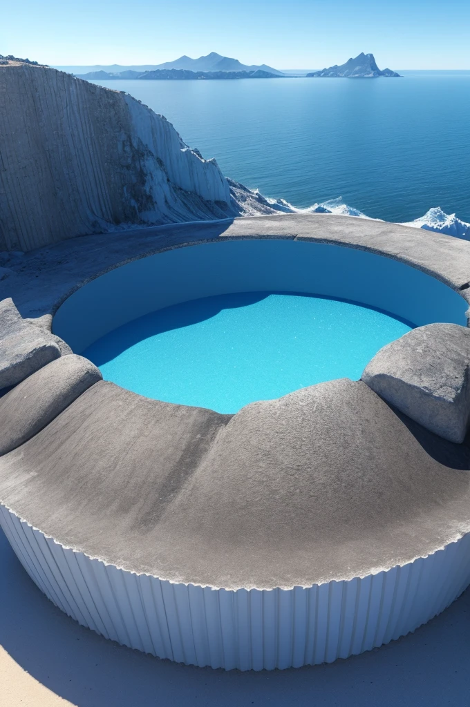 Make a round logo, 3d, with blue colors, yellow and white that has three salt mountains drawn on it, waves below the salt mountains and in the background a horizon.