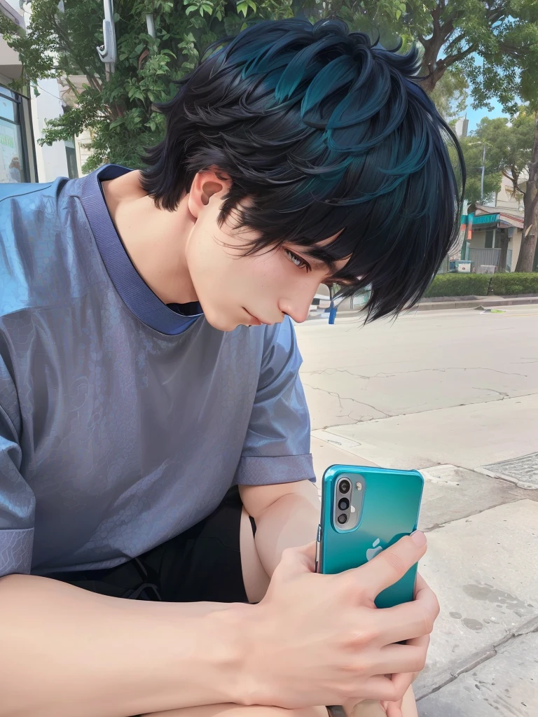 arafed young man sitting on a curb Looking at his phone, Looking at his phone, Bat Ulzan, holding a very advance phone, Very very high quality pictures, Hentai, teal aesthetic, Inspired by jeonseok lee, Wearing teal clothes, yanjun chengt, Mobile Photos, Xikui, [ Realistic photography ], He holds a smartphone