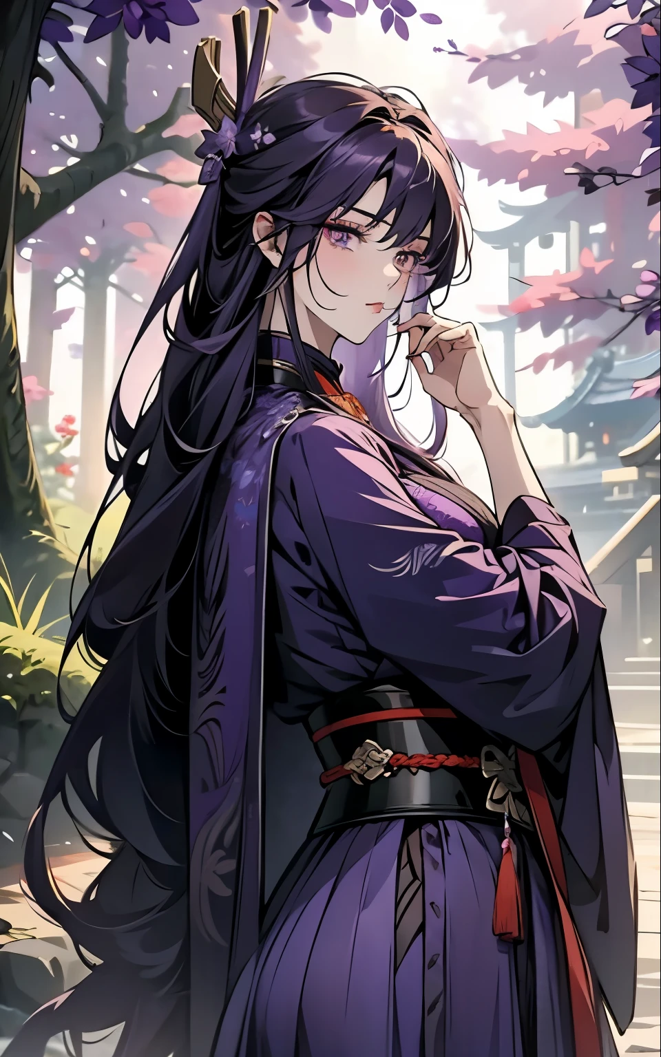1 women, Raiden Shogun - genshin impact, long purple hair, violet eyes, violet chinese clothes, ultra long skirt, portrait, stands under a tree