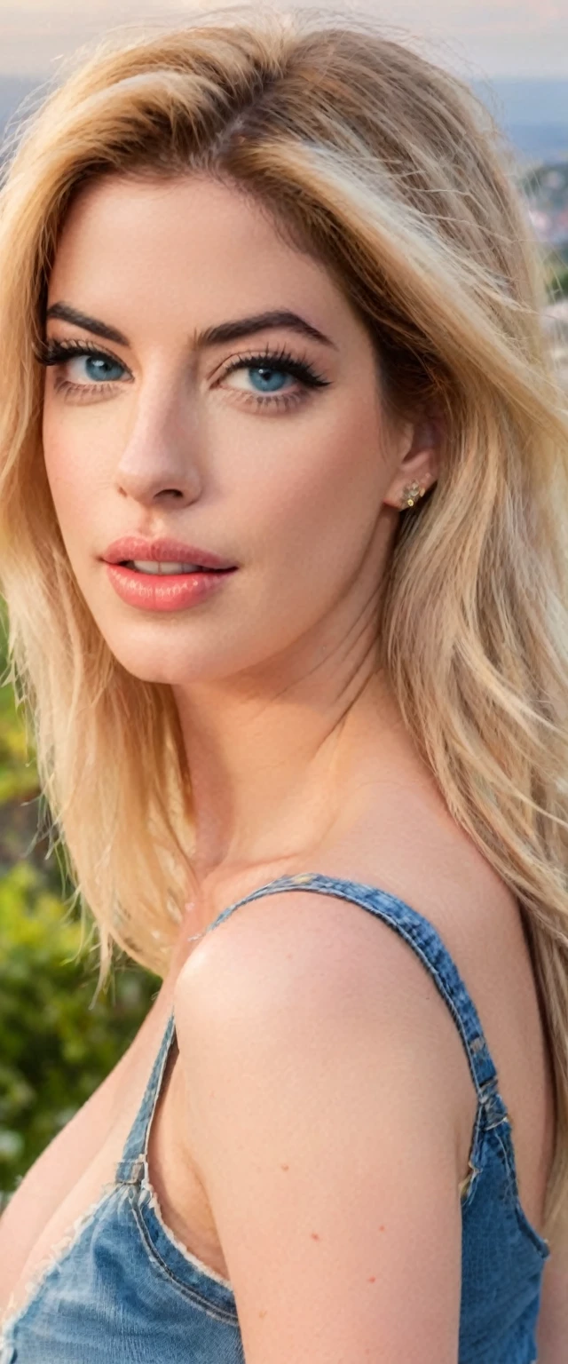 (huge breasts:1.2), (high-resolution), (sharp focus), (natural lighting), (fine detail enhancement), (noise reduction), (HDR effect), (premium enhancement),(intricate details), ((Best quality, 8k, Masterpiece)), (shiny skin:0.5), (masterpiece, best quality, highres, high resolution:1.2), (full body:1.0), ((navel piercing:1.0)), (breasts bursting out:1.5), Young beauty, ((25 years old, neat girl))), (((Anne Hathaway:Selena Gomez:0.7))) detailed blue eyes, long eyelashes, blush, kind smile, large, (neck tanktop), denim short shorts, (from side), (looking at viewer), beautiful blonde hair, white-skinned, long hair, parted bangs, (valley, beautiful and magnificent skyline, majestic sky),