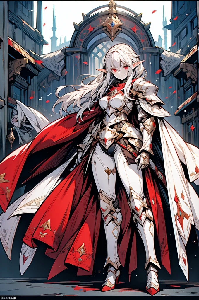 female elf knight, full body art, silver hair, white skin, red iris eye, knight full plate adorned armor, silver cape, perfectly detailed