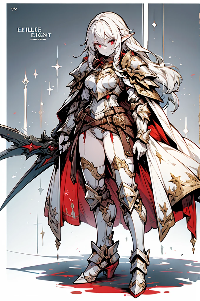 female elf knight, full body art, silver hair, white skin, red iris eye, knight full plate adorned armor, silver cape, perfectly detailed