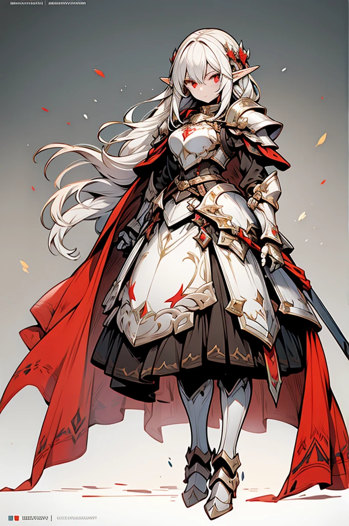 female elf knight, full body art, silver hair, white skin, red iris eye, knight full plate adorned armor, silver cape, perfectly detailed