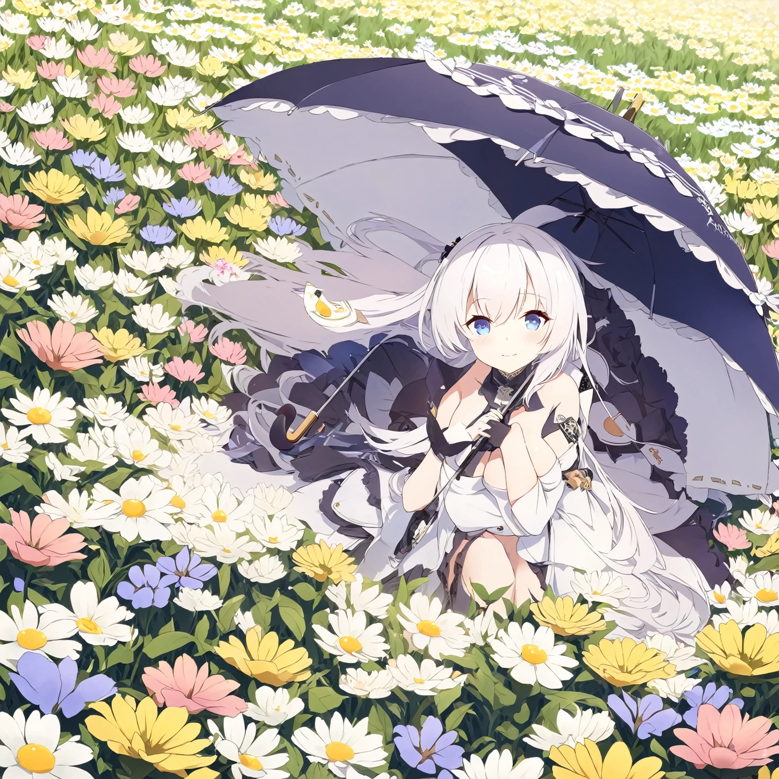 Eggs (( azur lane)), in a field of flowers with an umbrella 