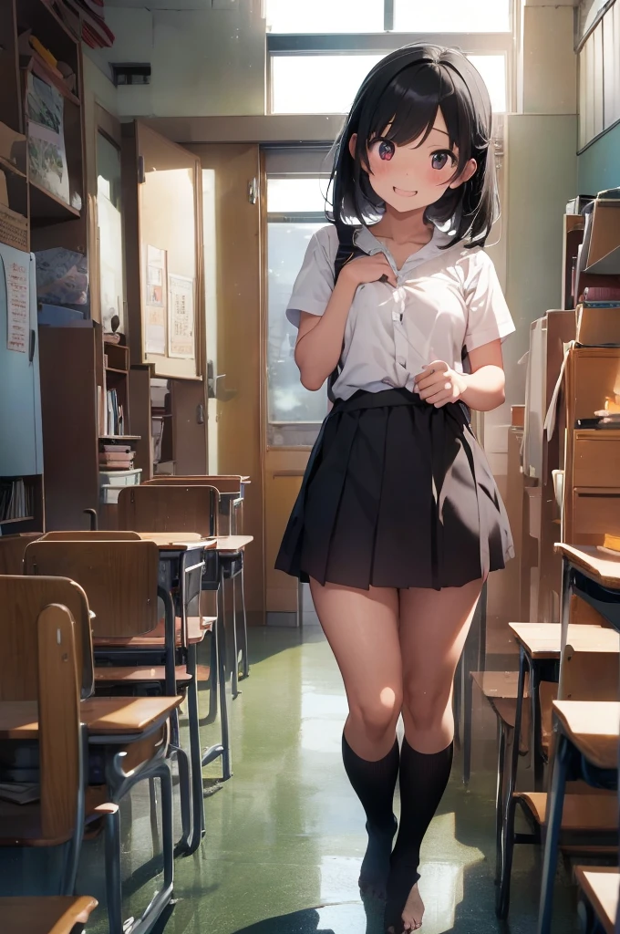 Highest quality,masterpiece,Black Hair,Friendly,One girl,Classmate,pubic hair,学生服を脱いでCompletely nakedを見せてくれる,classroom,laughing,Good guy,Pussy,Small breasts,Completely naked