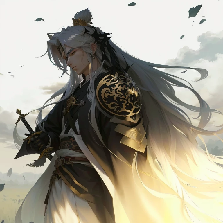 anime character with long hair and a sword in a field, beautiful male god of death, handsome guy in demon slayer art, by Yang J, heise jinyao, inspired by Huang Shen, anime tribal boy with long hair, keqing from genshin impact, white haired deity, anime wallaper, he has dark grey hairs, onmyoji