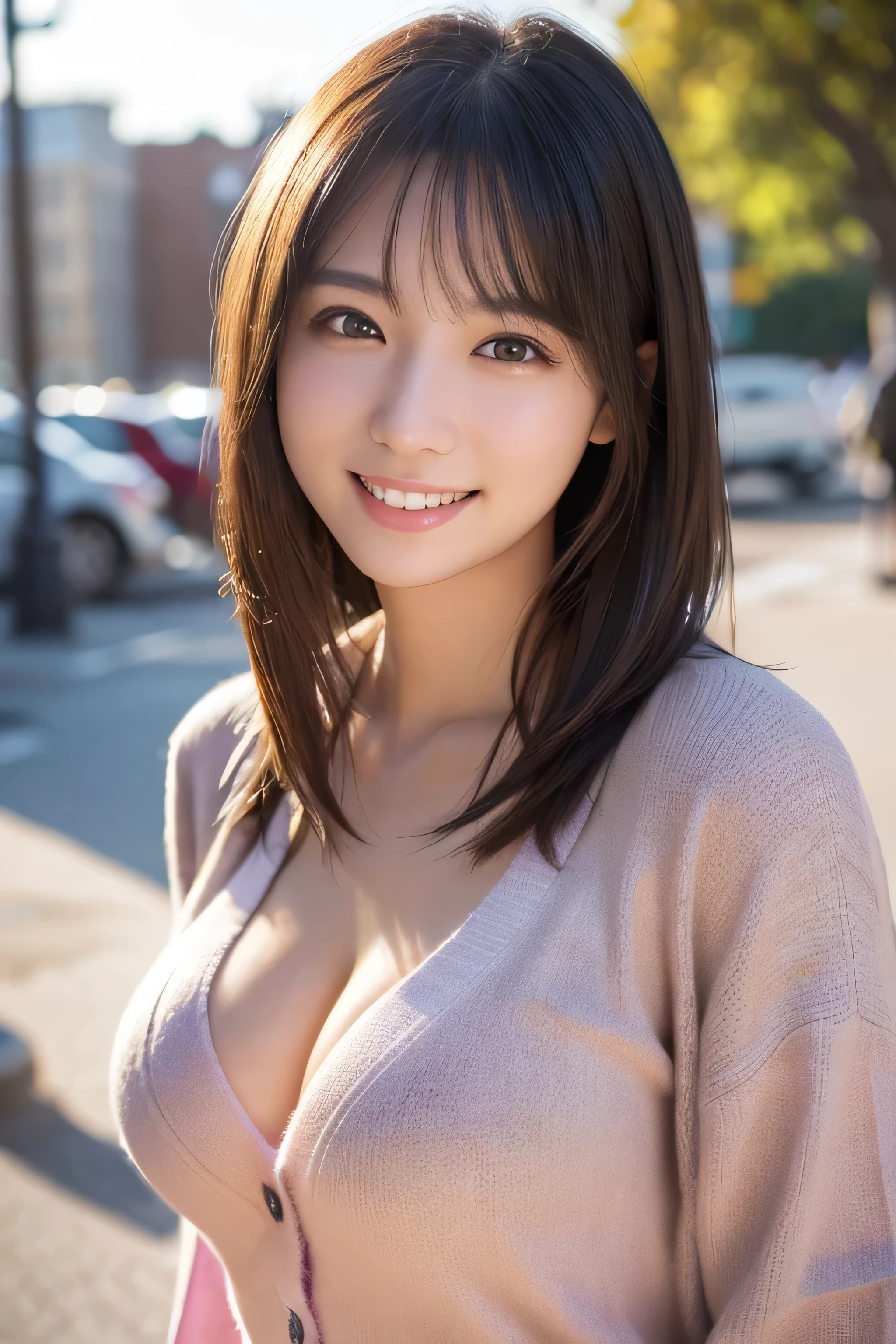 (8K、Raw photo、Highest quality、masterpiece:1.2)、(Realistic、Photorealistic:1.37)、Ultra-detailed、Ultra-high resolution、1 girl、Seeing the viewer、Beautifully detailed face、A smile with slightly visible teeth、narrow、(Slim waist) :1.3)、((Wear a cardigan))、Pastel colored clothes、Beautifully detailed skin、Skin Texture、Floating Hair、((length))、Shapely large breasts、Professional Lighting、In front of the station at noon、Human whole body、Black Hair