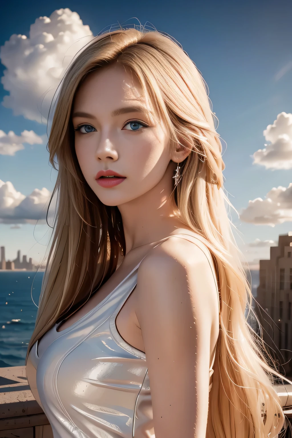 Delicate face,Long blond hair,Big blue eyes, Cloud Background,Art Deco, Concept Art, , realism, Cubism, Awards, Super Detail, Ultra HD, Retina, Anatomically correct, High Detail, best quality, high resolution, high quality, Textured Skin, masterpiece, 4K
